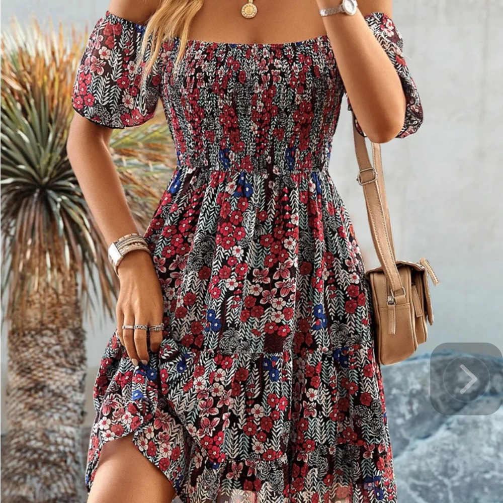 VCAY Allover Floral Print Off Shoulder Ruffle Hem Dress